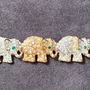 VINTAGE Three Elephant Brooch/Pin, Rhinestones, Silver/GoldTone, Green Eyes, 2"